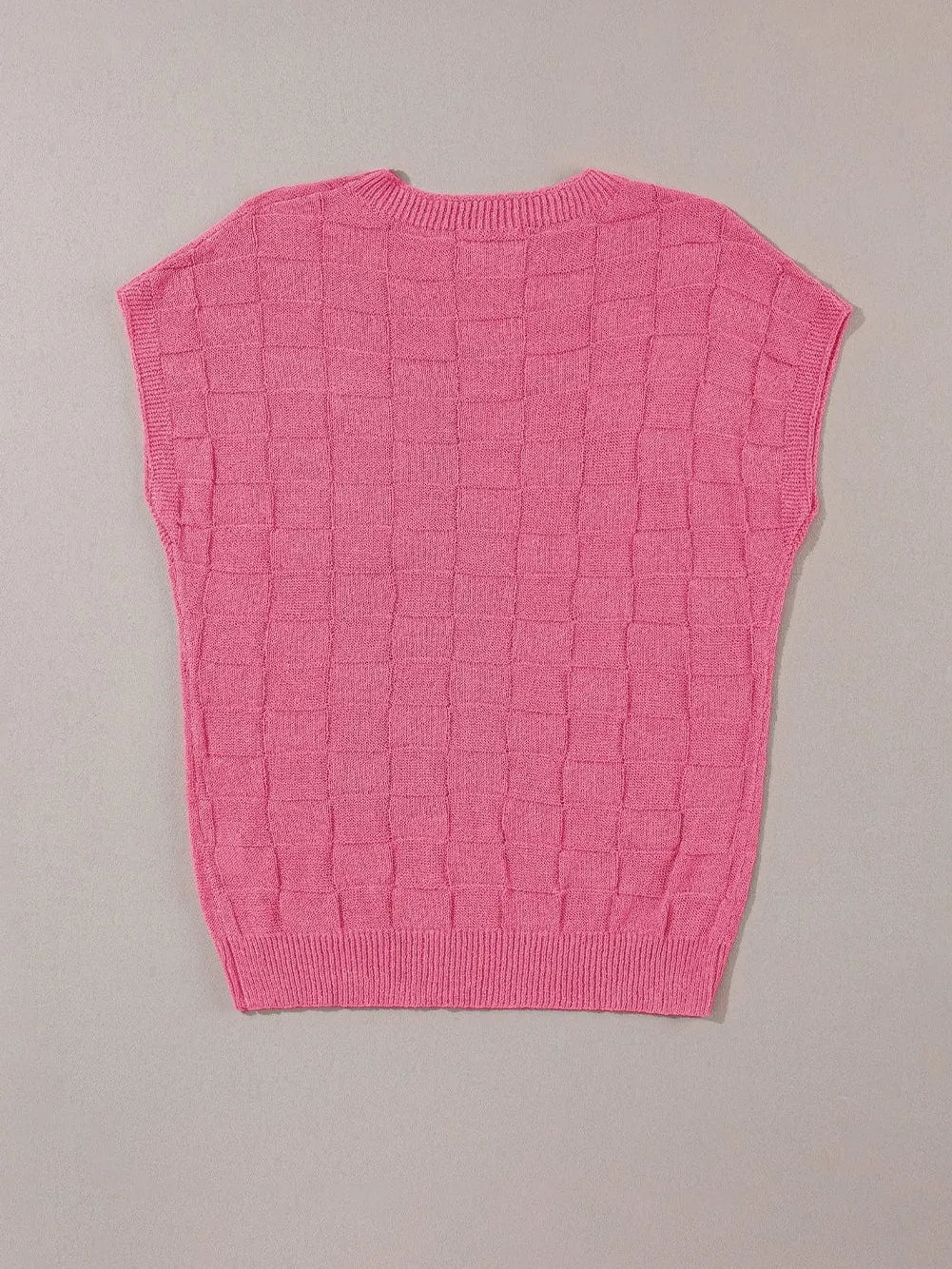 Bright Pink Textured Lattice Knit Short Sleeve Sweater