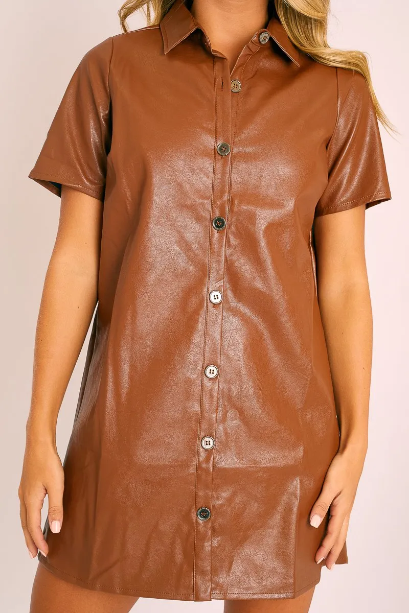 Brown Faux Leather Button Up Shirt Dress - Alba