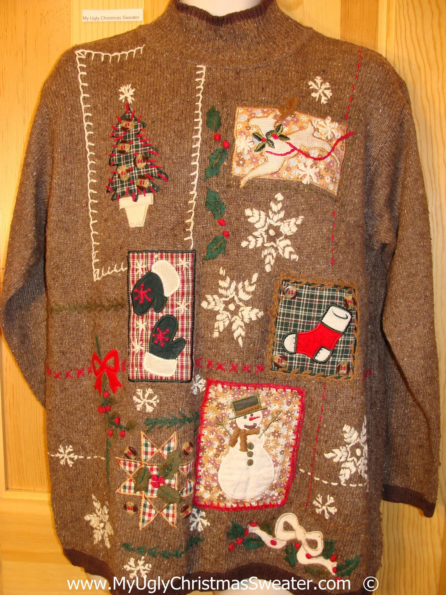 Brown Plaid Patches Festive Christmas Sweater