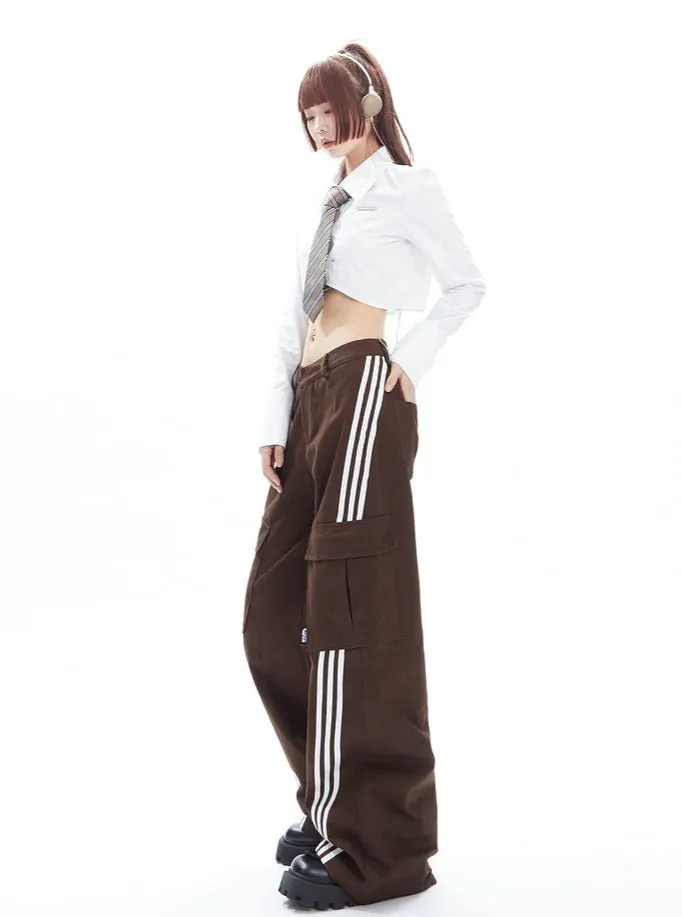 Brown Wide-Leg Cargo Track Pants