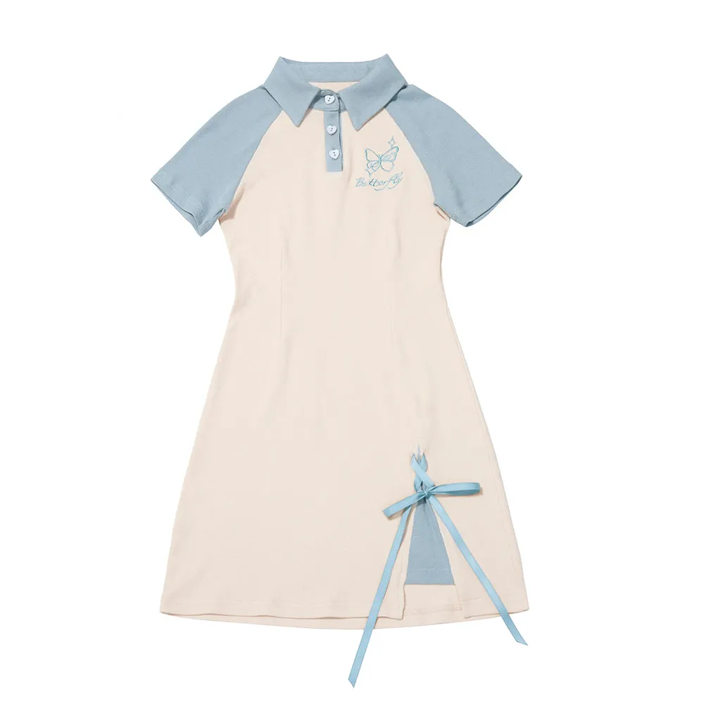 butterfly embroidered polo collar dress PL53351