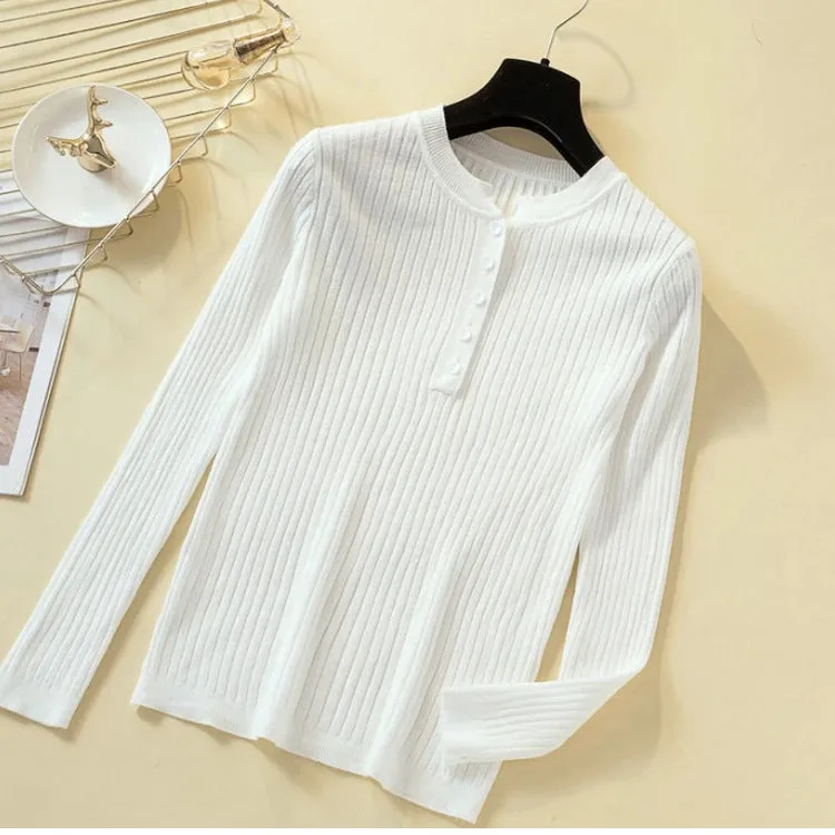 Button Basic Slim Knitted Pullover Sweater