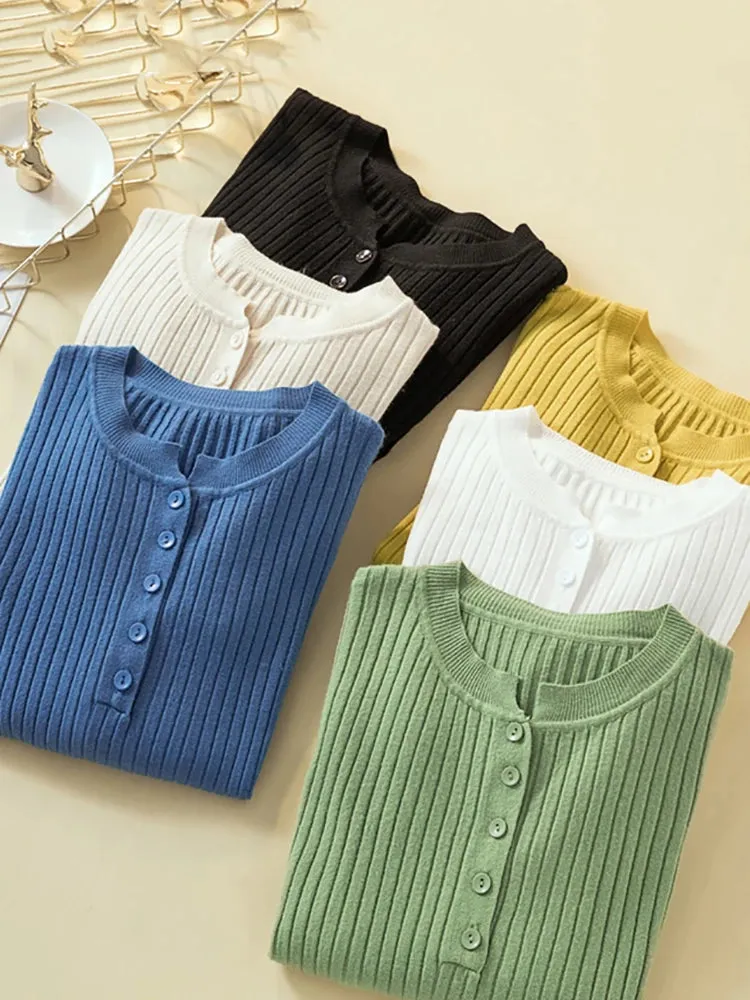 Button Basic Slim Knitted Pullover Sweater