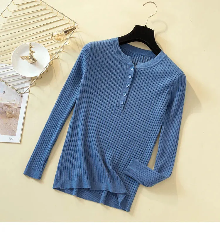 Button Basic Slim Knitted Pullover Sweater