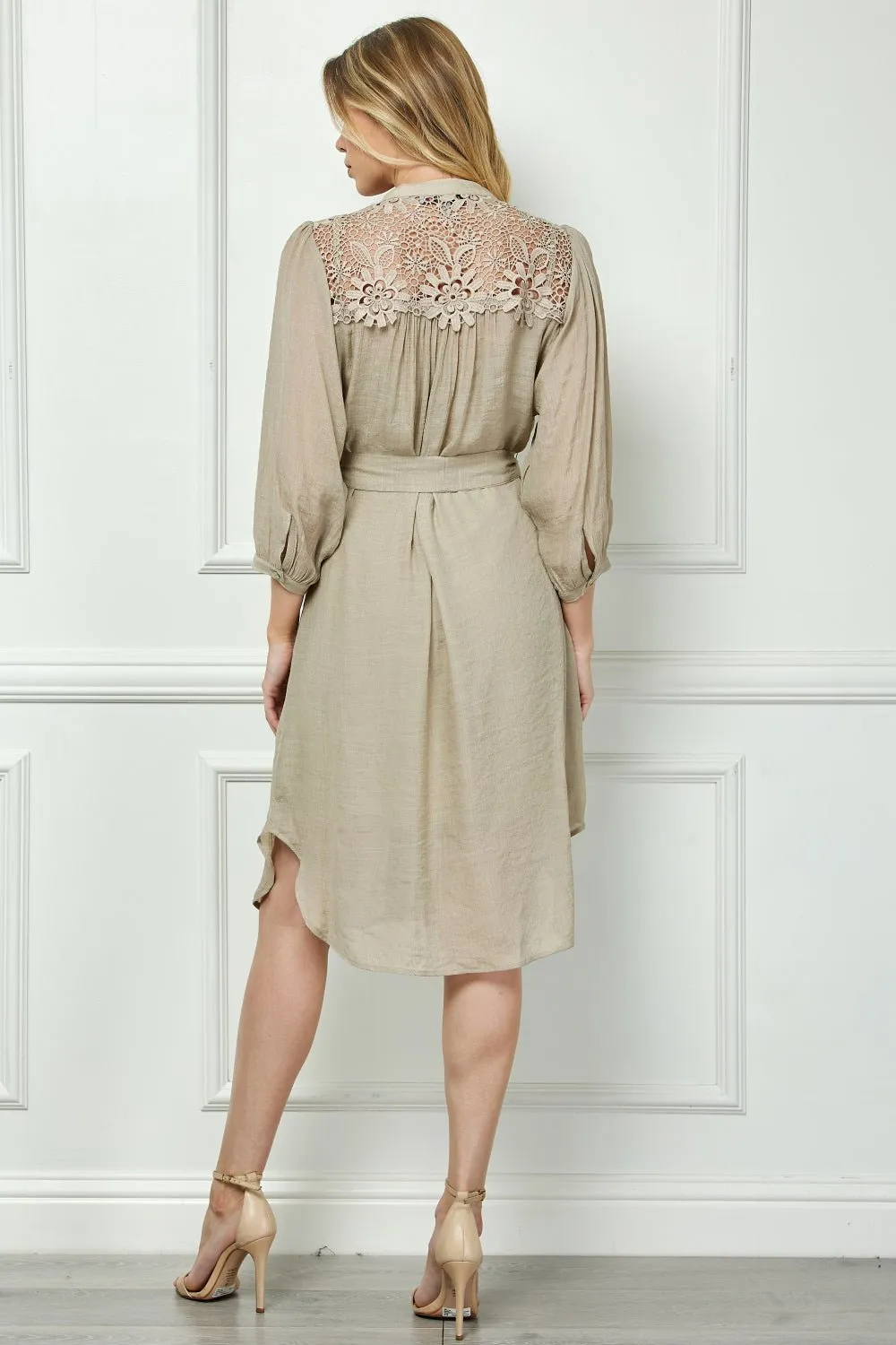 Button Front Yoke Neck Dress With Lace Shoulders