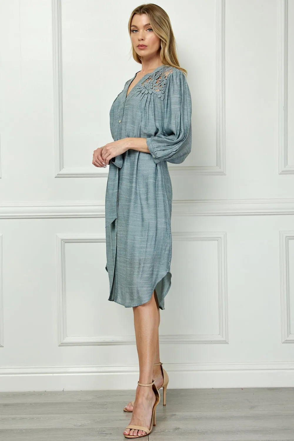 Button Front Yoke Neck Dress With Lace Shoulders