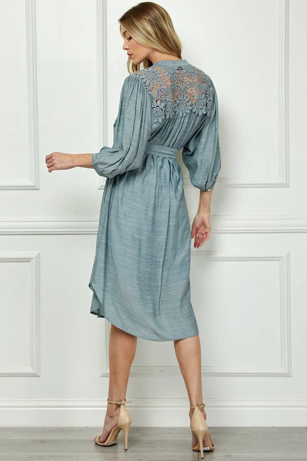 Button Front Yoke Neck Dress With Lace Shoulders