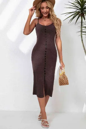 Buttoned Up Front Slit Midi Dress