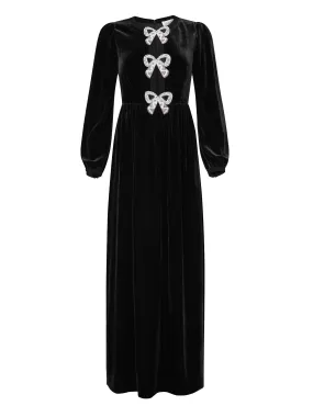 Camille Velvet Embellished Bows Long Dress in Black