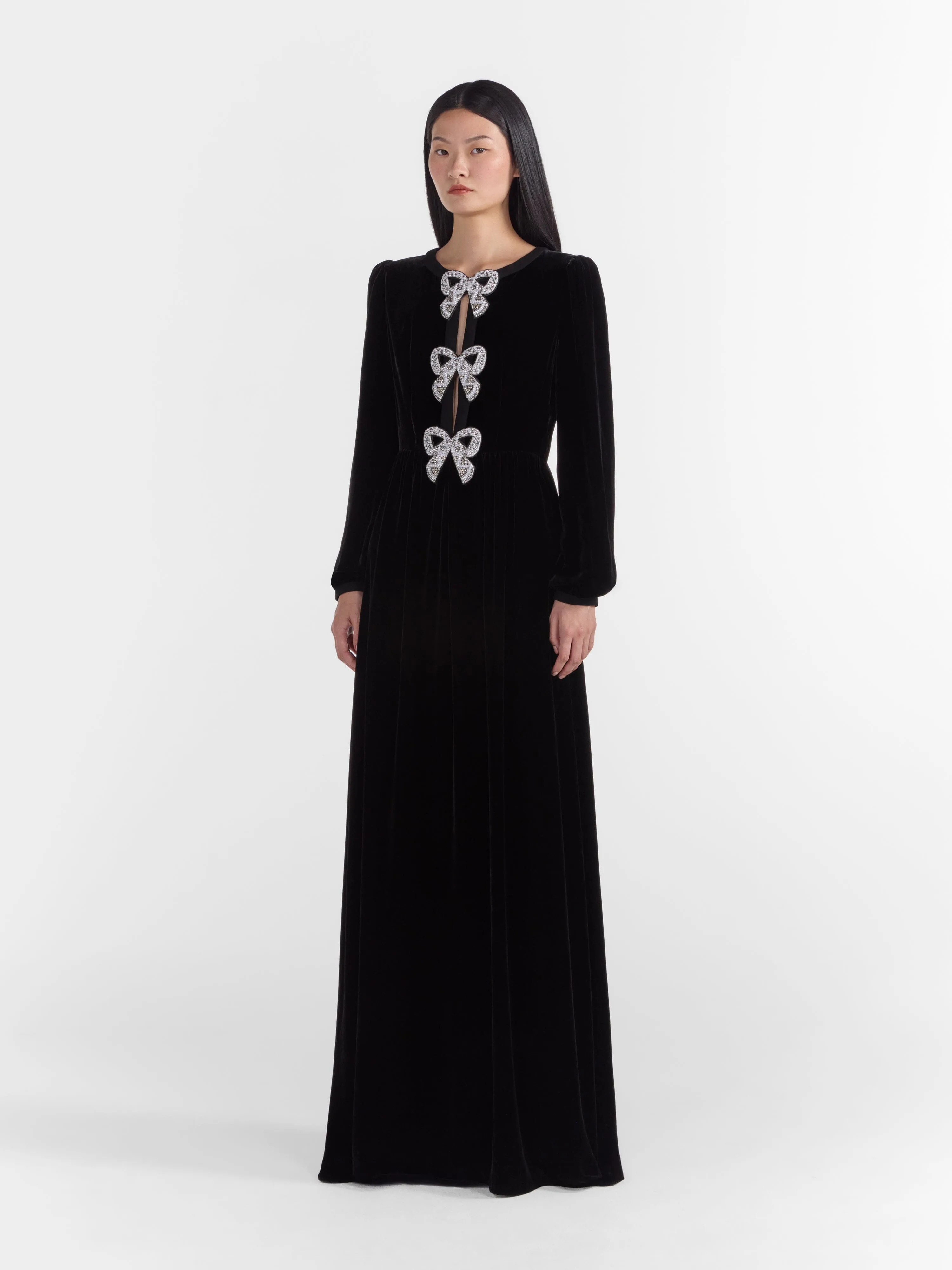 Camille Velvet Embellished Bows Long Dress in Black