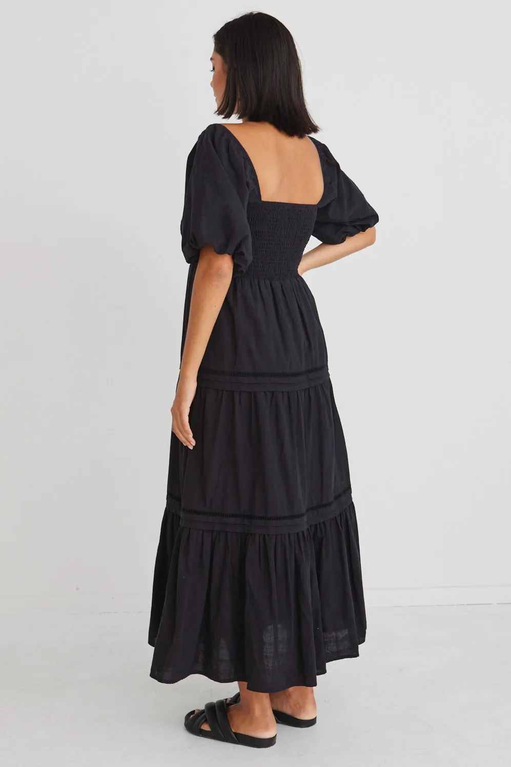 Captivate Black Cotton Puff Sleeve Tiered Midi Dress