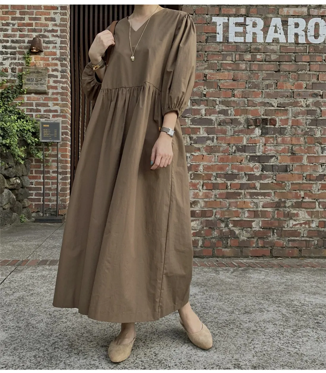 Casual Vintage Women Lantern Sleeves Fall Long Dress