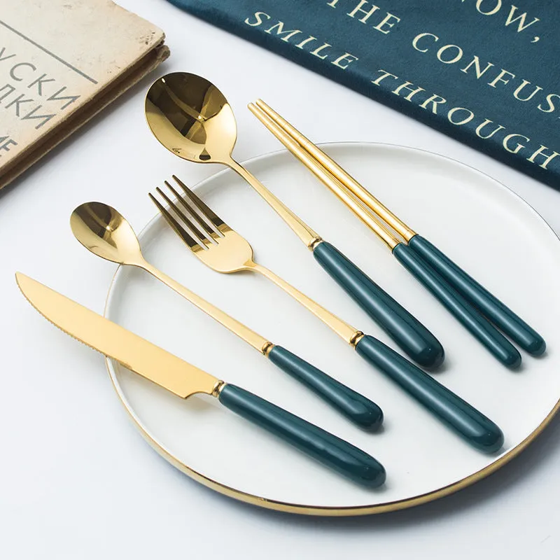 Ceramic Fruit Fork Coffee Spoon Stainless Steel Tableware Moon Cake Knife Fork Dark Green Steak Knife, Fork and Spoon