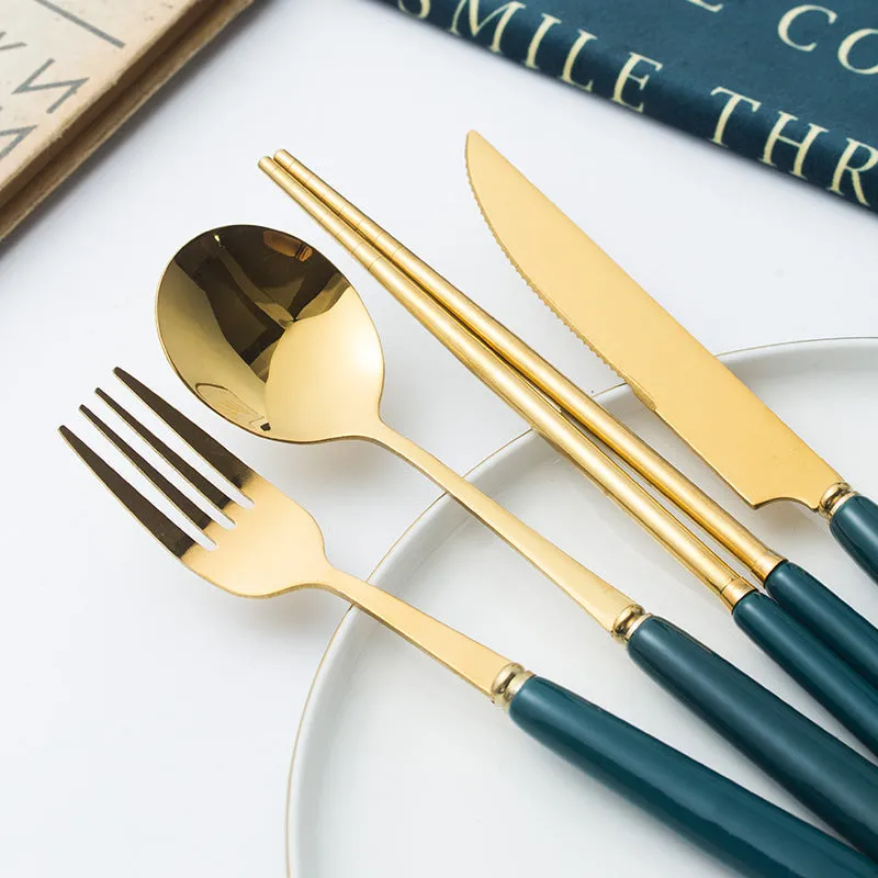 Ceramic Fruit Fork Coffee Spoon Stainless Steel Tableware Moon Cake Knife Fork Dark Green Steak Knife, Fork and Spoon