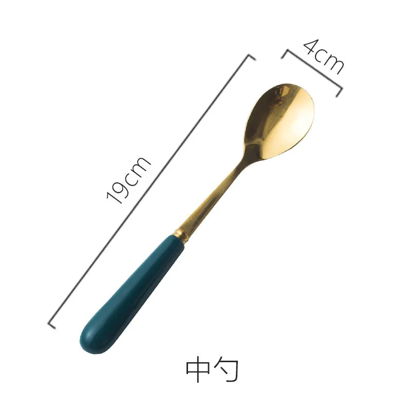 Ceramic Fruit Fork Coffee Spoon Stainless Steel Tableware Moon Cake Knife Fork Dark Green Steak Knife, Fork and Spoon