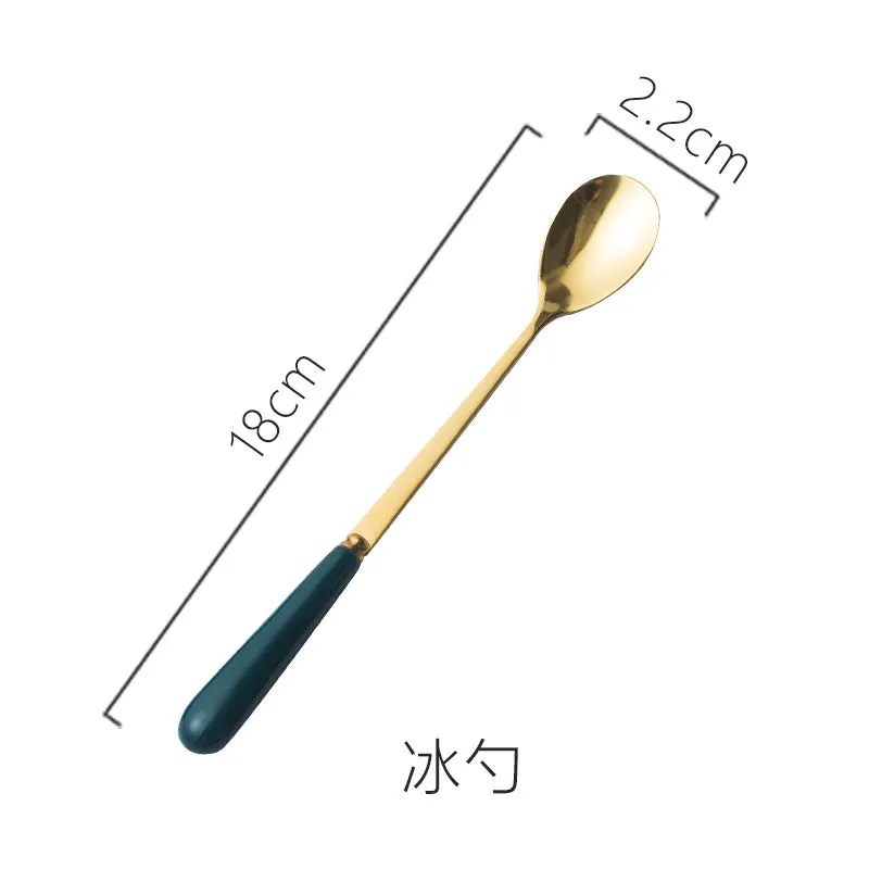 Ceramic Fruit Fork Coffee Spoon Stainless Steel Tableware Moon Cake Knife Fork Dark Green Steak Knife, Fork and Spoon