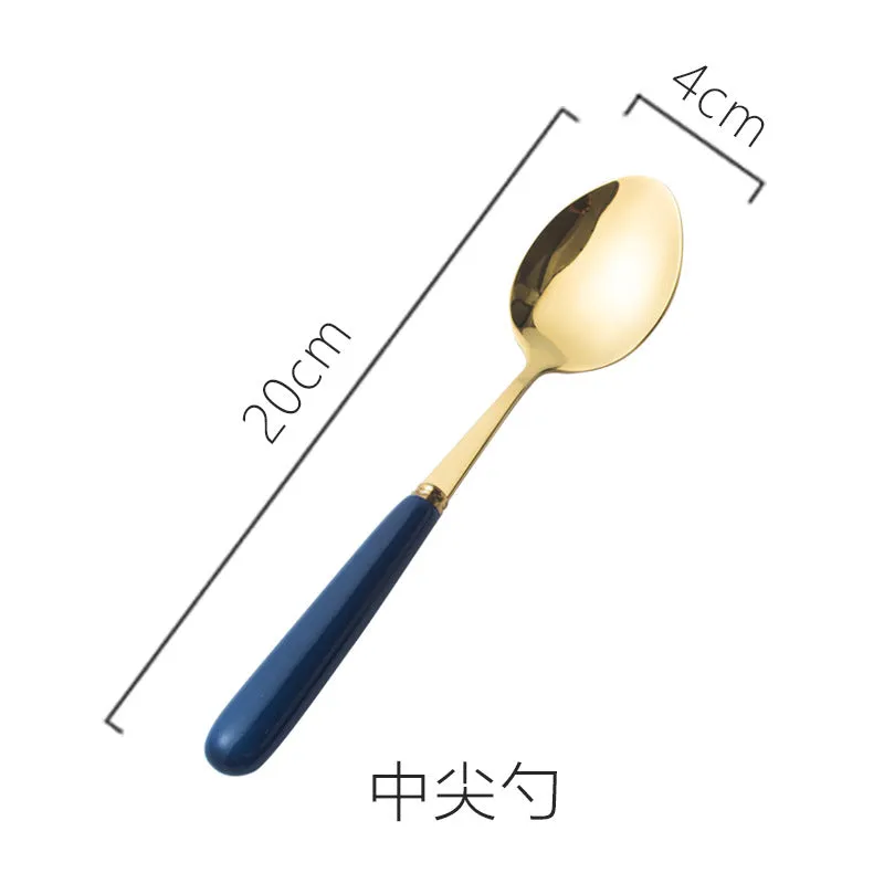 Ceramic Fruit Fork Coffee Spoon Stainless Steel Tableware Moon Cake Knife Fork Dark Green Steak Knife, Fork and Spoon