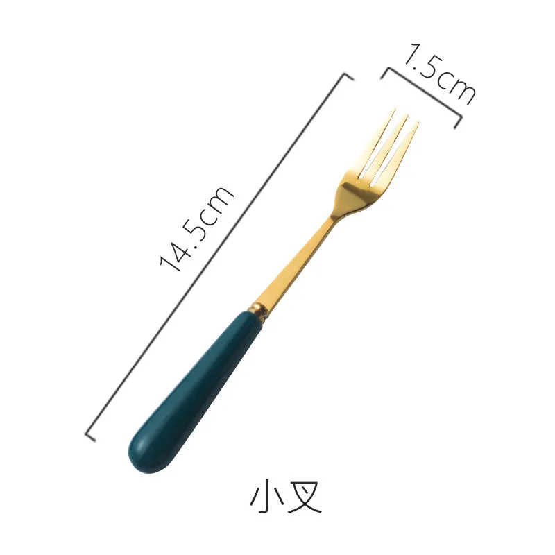 Ceramic Fruit Fork Coffee Spoon Stainless Steel Tableware Moon Cake Knife Fork Dark Green Steak Knife, Fork and Spoon