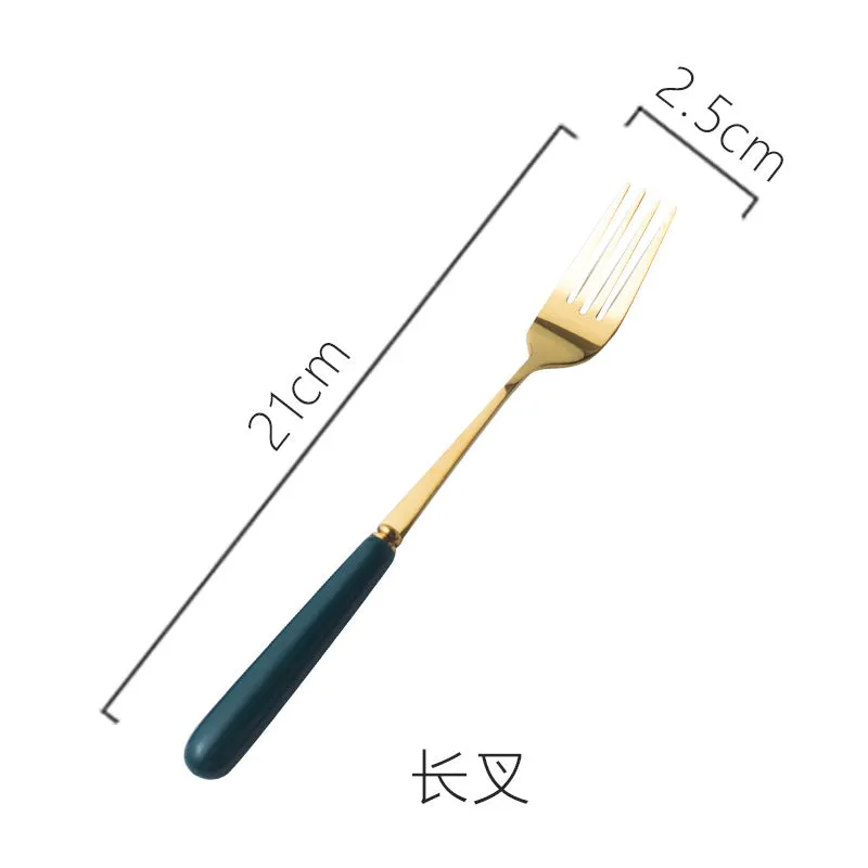 Ceramic Fruit Fork Coffee Spoon Stainless Steel Tableware Moon Cake Knife Fork Dark Green Steak Knife, Fork and Spoon