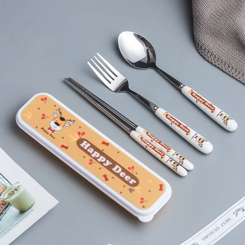 Ceramic Stainless Steel Tableware Children's Tableware Three-Piece Cartoon Portable Tableware Fork Spoon and Chopsticks Set