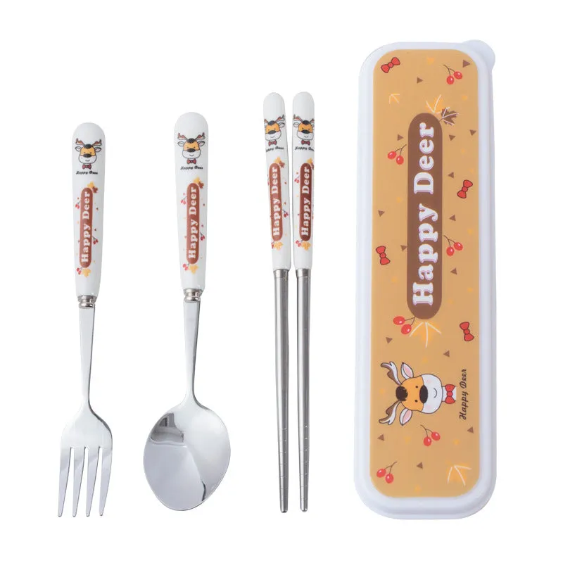 Ceramic Stainless Steel Tableware Children's Tableware Three-Piece Cartoon Portable Tableware Fork Spoon and Chopsticks Set