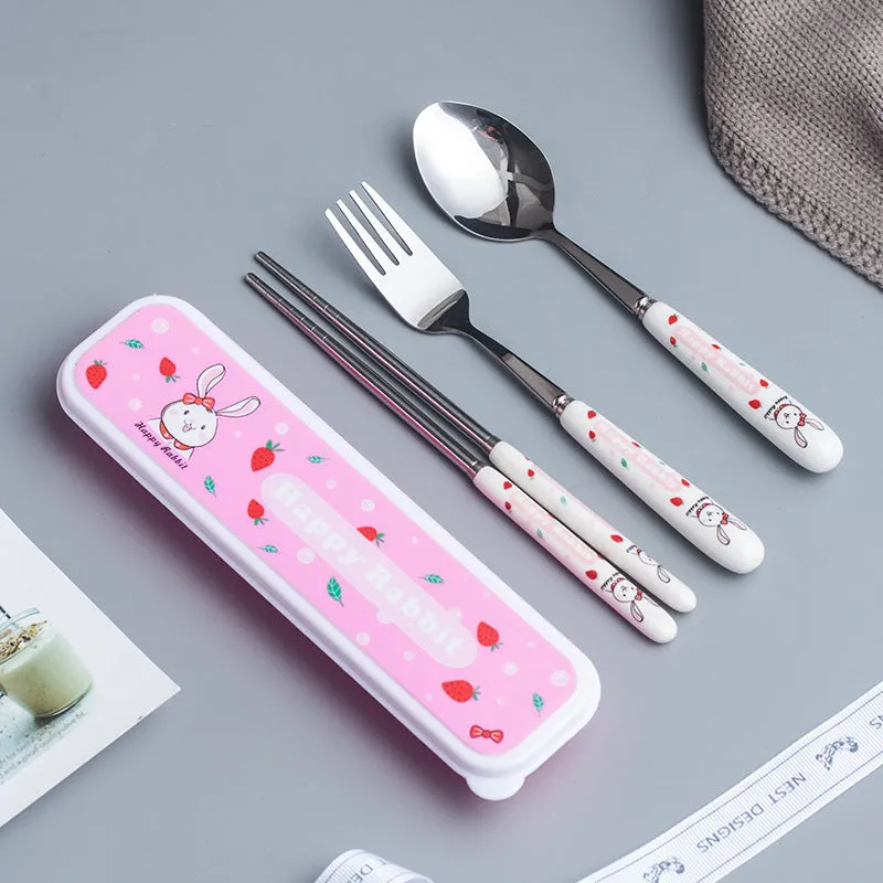 Ceramic Stainless Steel Tableware Children's Tableware Three-Piece Cartoon Portable Tableware Fork Spoon and Chopsticks Set