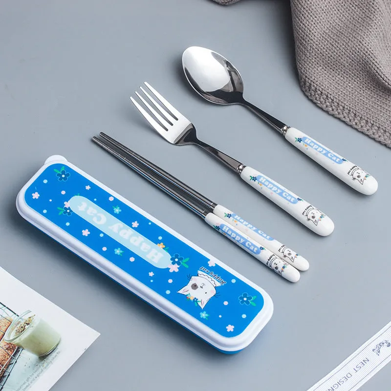 Ceramic Stainless Steel Tableware Children's Tableware Three-Piece Cartoon Portable Tableware Fork Spoon and Chopsticks Set