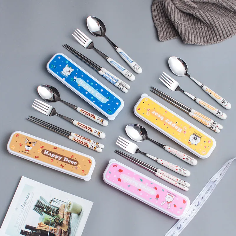 Ceramic Stainless Steel Tableware Children's Tableware Three-Piece Cartoon Portable Tableware Fork Spoon and Chopsticks Set