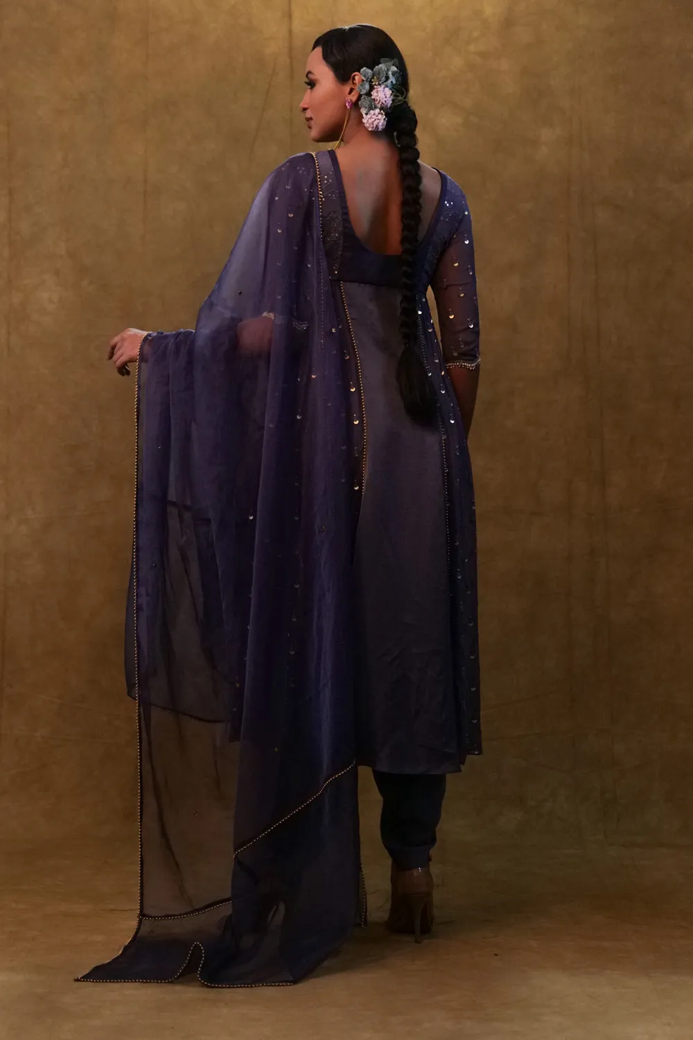 Charcoal Blue Anarkali Suit Paired With Dupatta And Drape Pants.