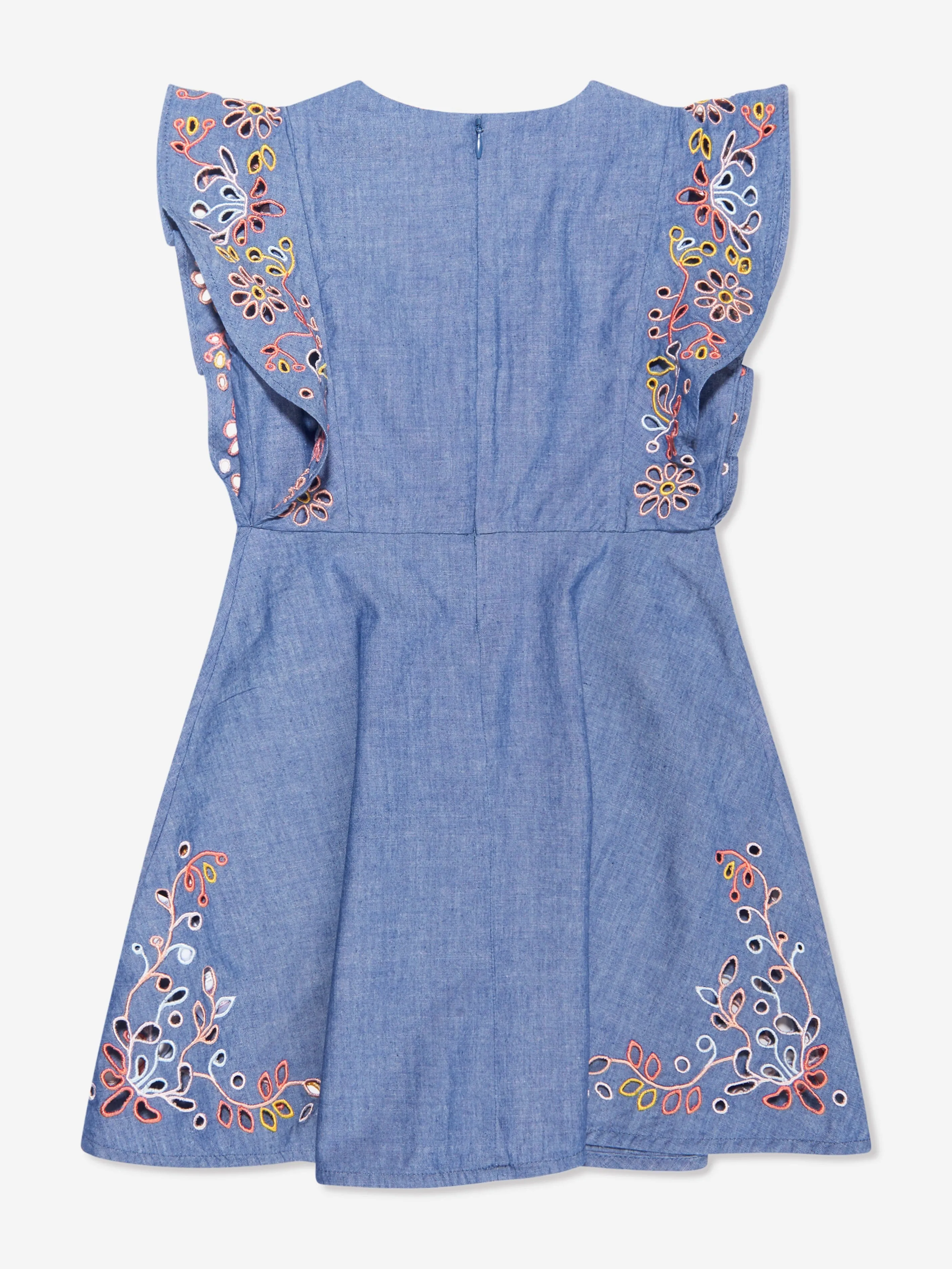 Chloé Girls Embroidered Chambray Dress in Blue