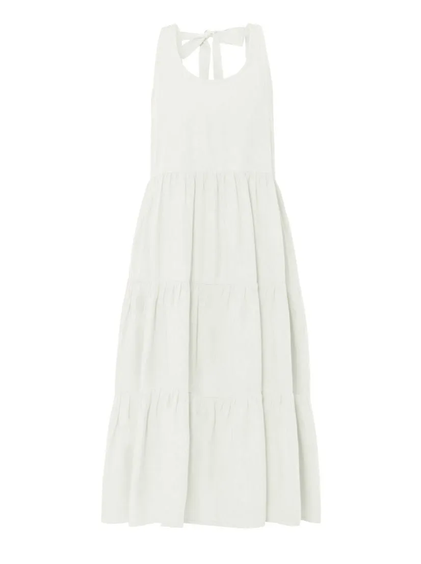 Chloe Bamboo Poplin Open Back Midi Ruffle Dress - Natural