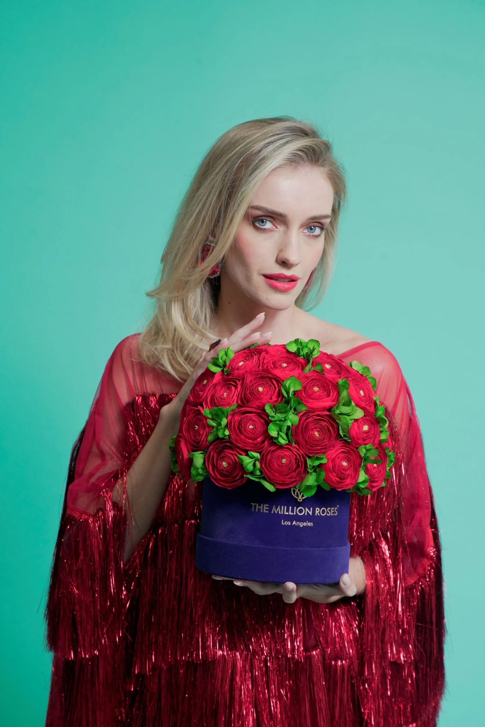 Classic Mint Green Suede Box | Red Persian Buttercups & Green Hydrangeas