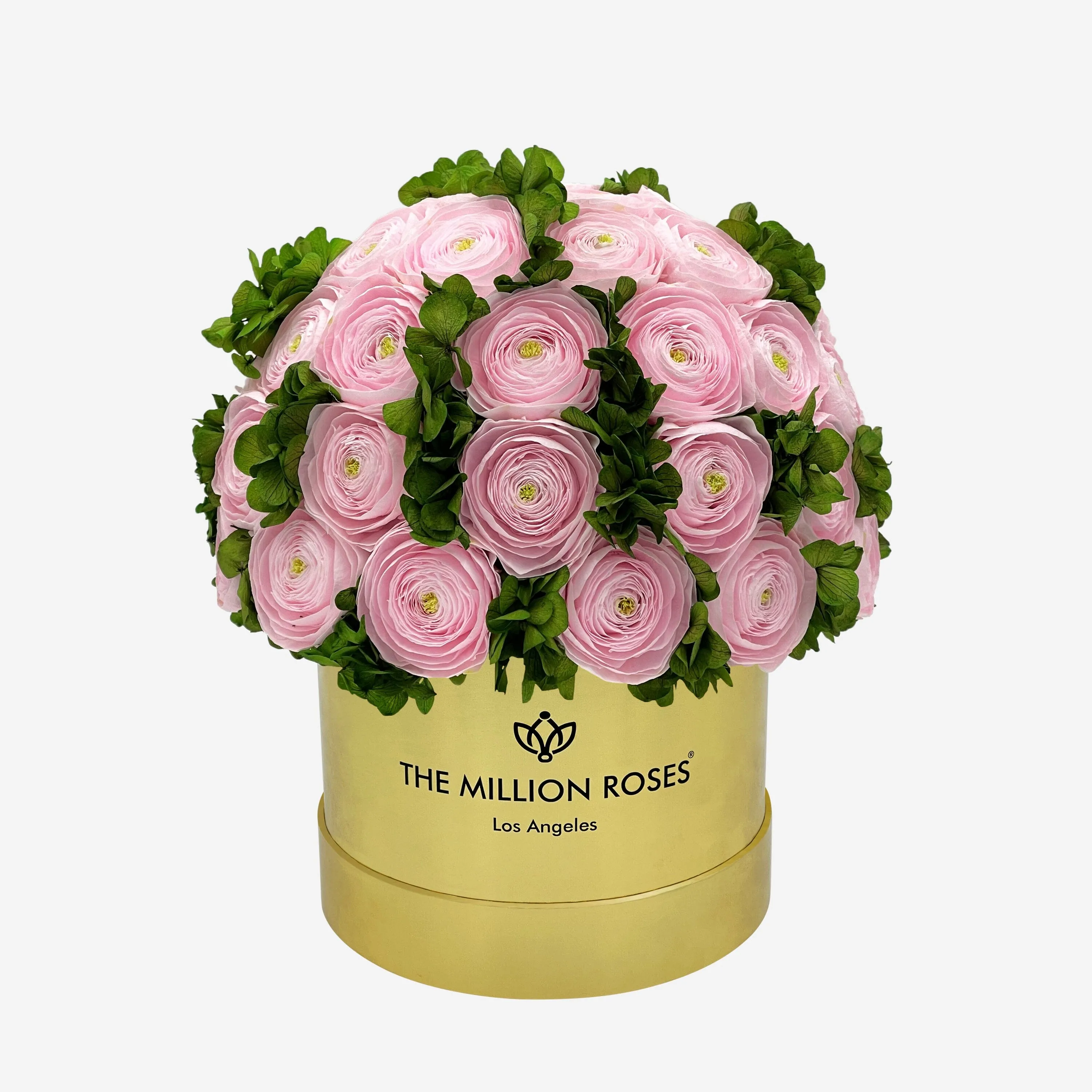 Classic Mirror Gold Box | Light Pink Persian Buttercups & Green Hydrangeas