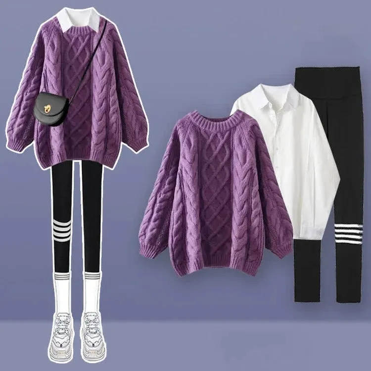 Classic Preppy Polyester Three-Piece Set in Elegant Purple