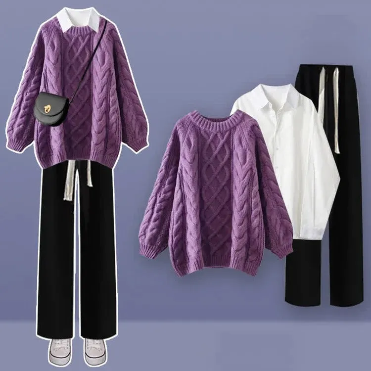 Classic Preppy Polyester Three-Piece Set in Elegant Purple