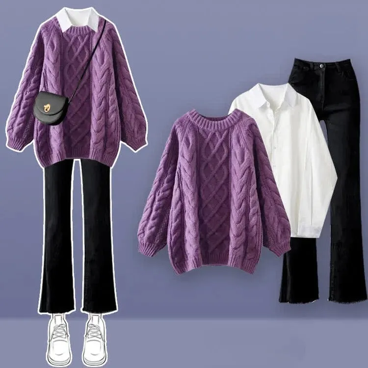 Classic Preppy Polyester Three-Piece Set in Elegant Purple