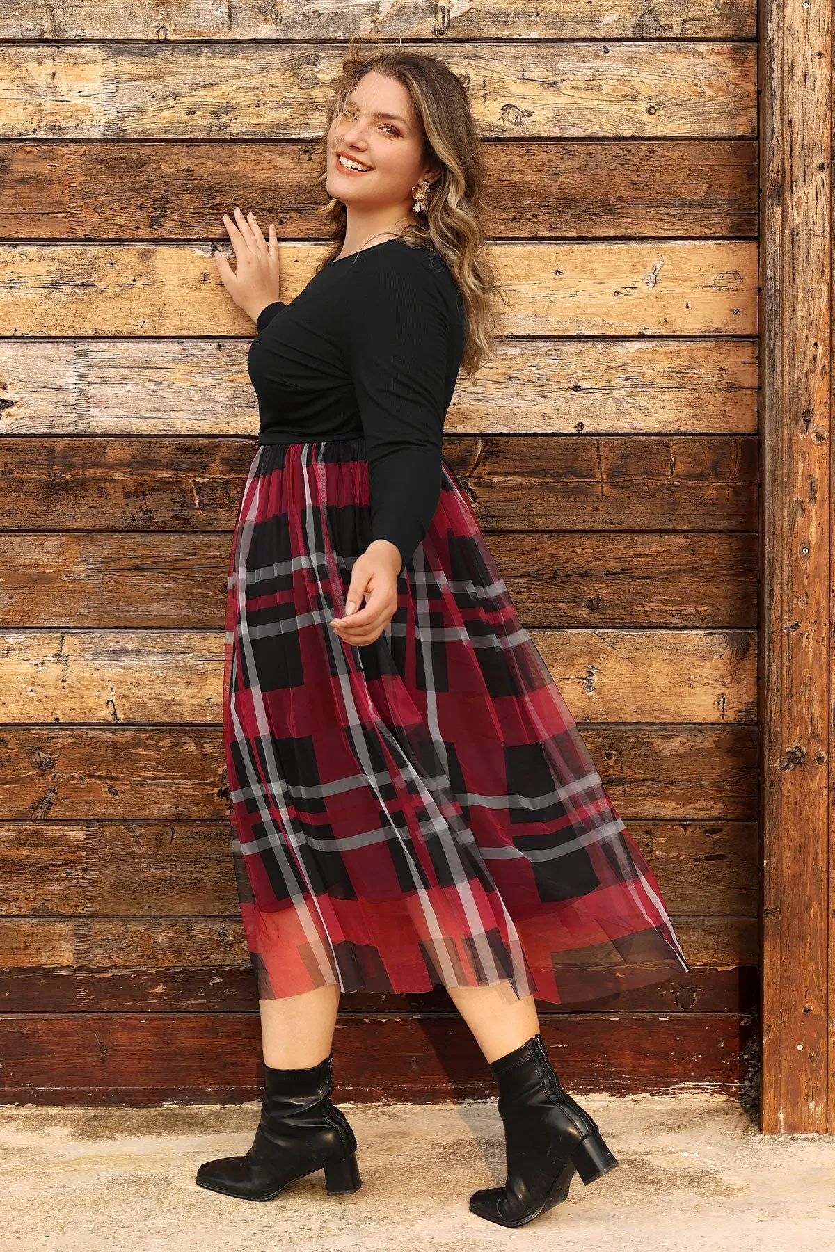 Colorblock Plaid Mesh Crew Neck Midi Dress