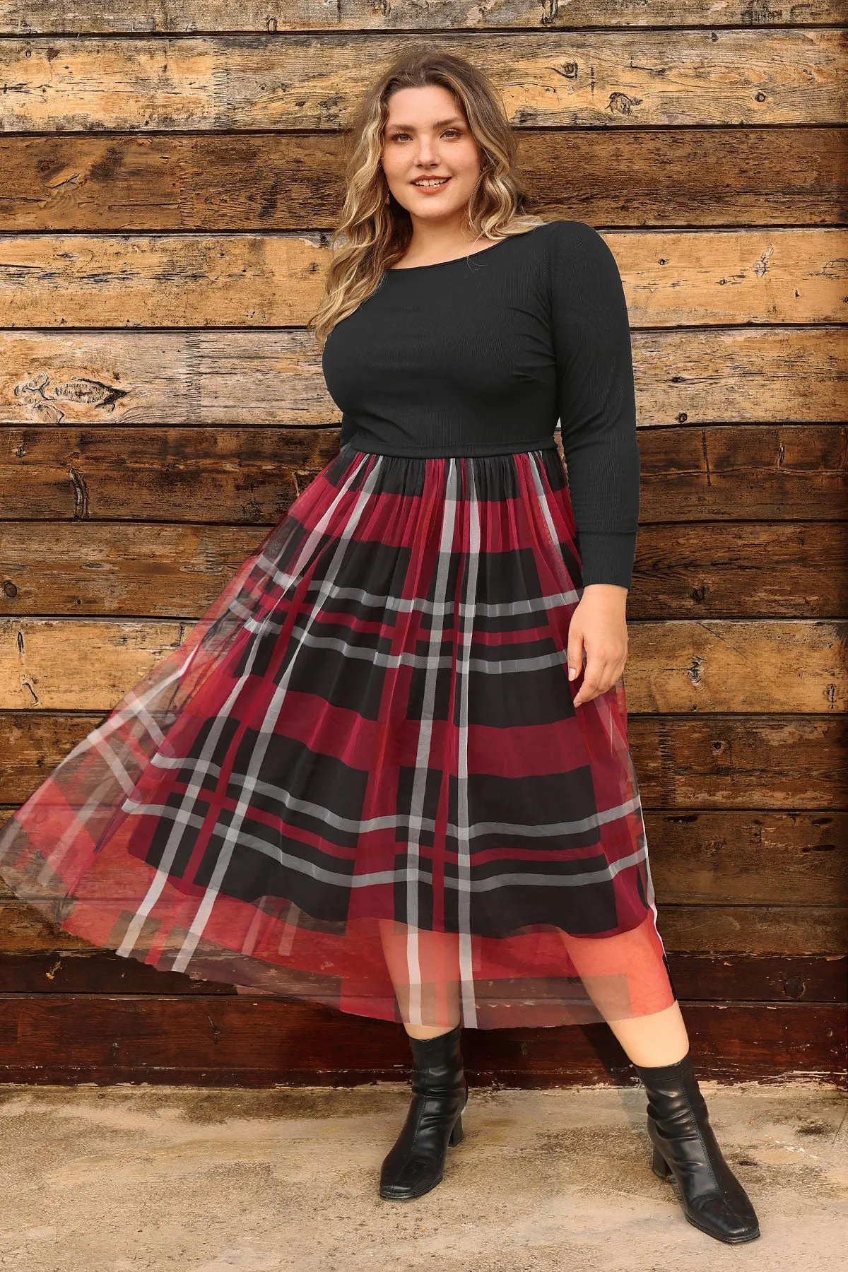 Colorblock Plaid Mesh Crew Neck Midi Dress