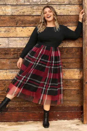 Colorblock Plaid Mesh Crew Neck Midi Dress