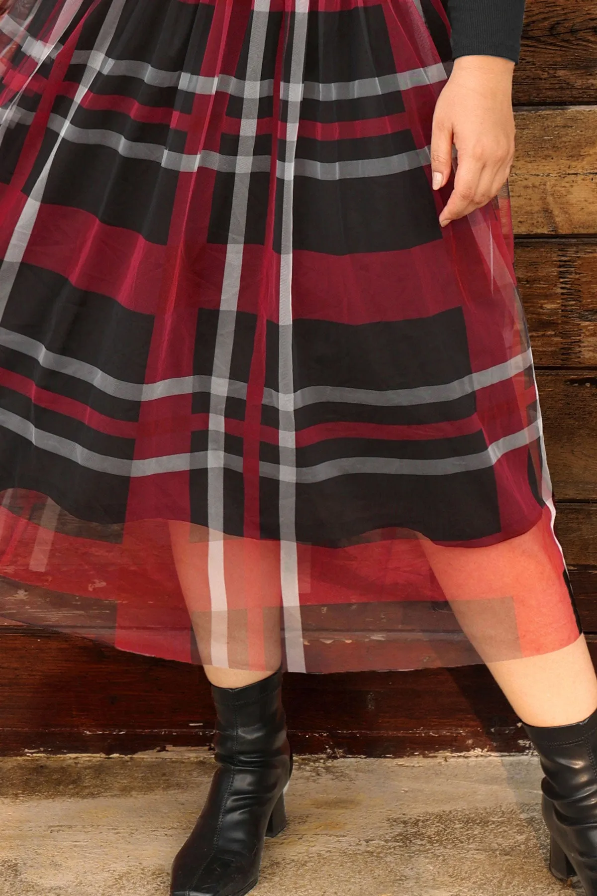 Colorblock Plaid Mesh Crew Neck Midi Dress