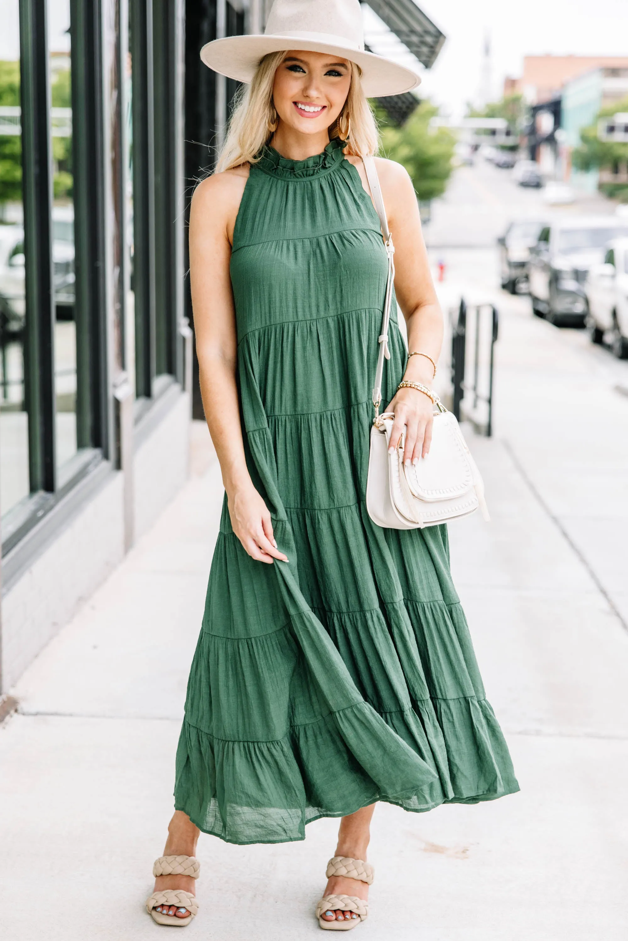 Come To Me Hunter Green Tiered Midi Dress