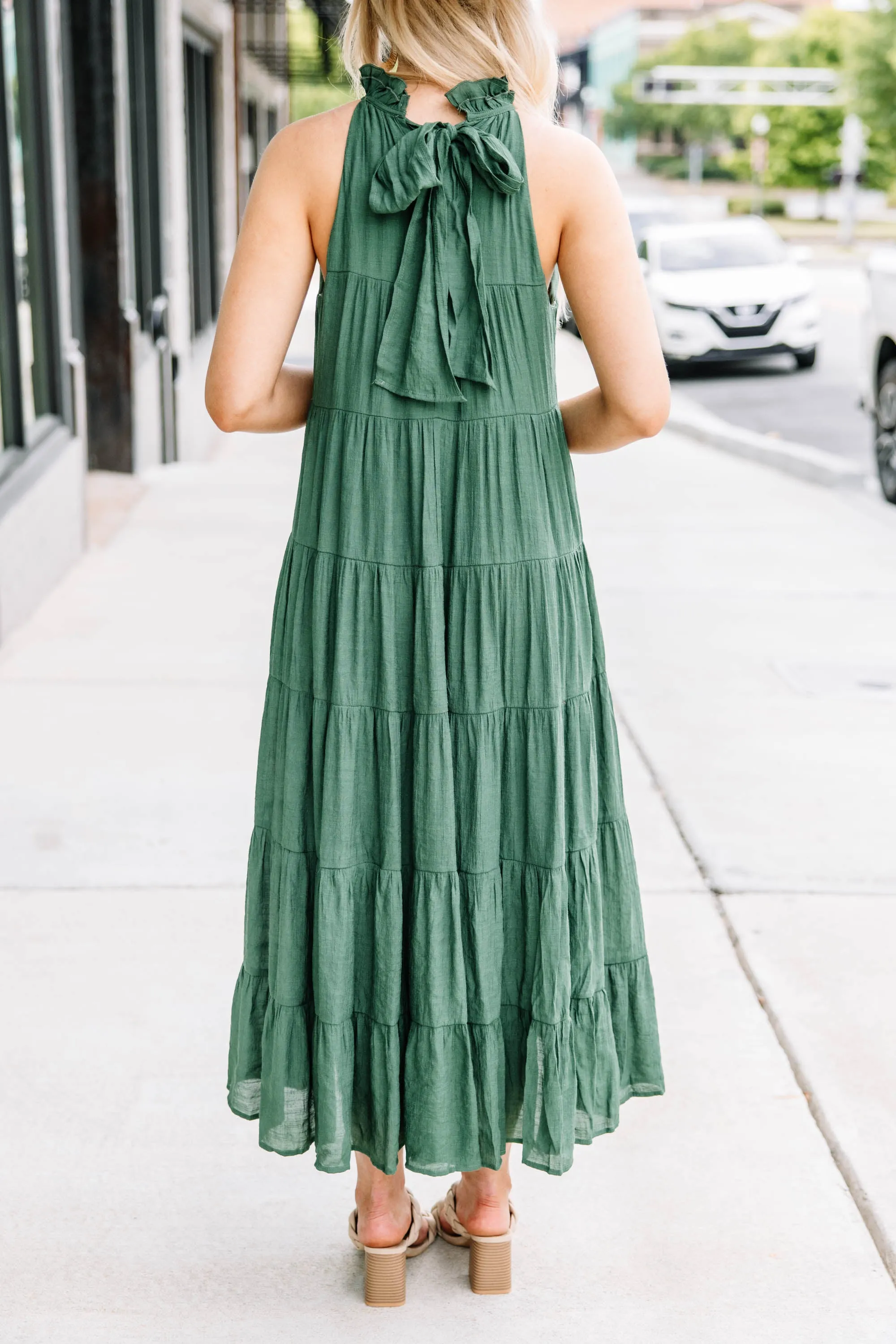 Come To Me Hunter Green Tiered Midi Dress