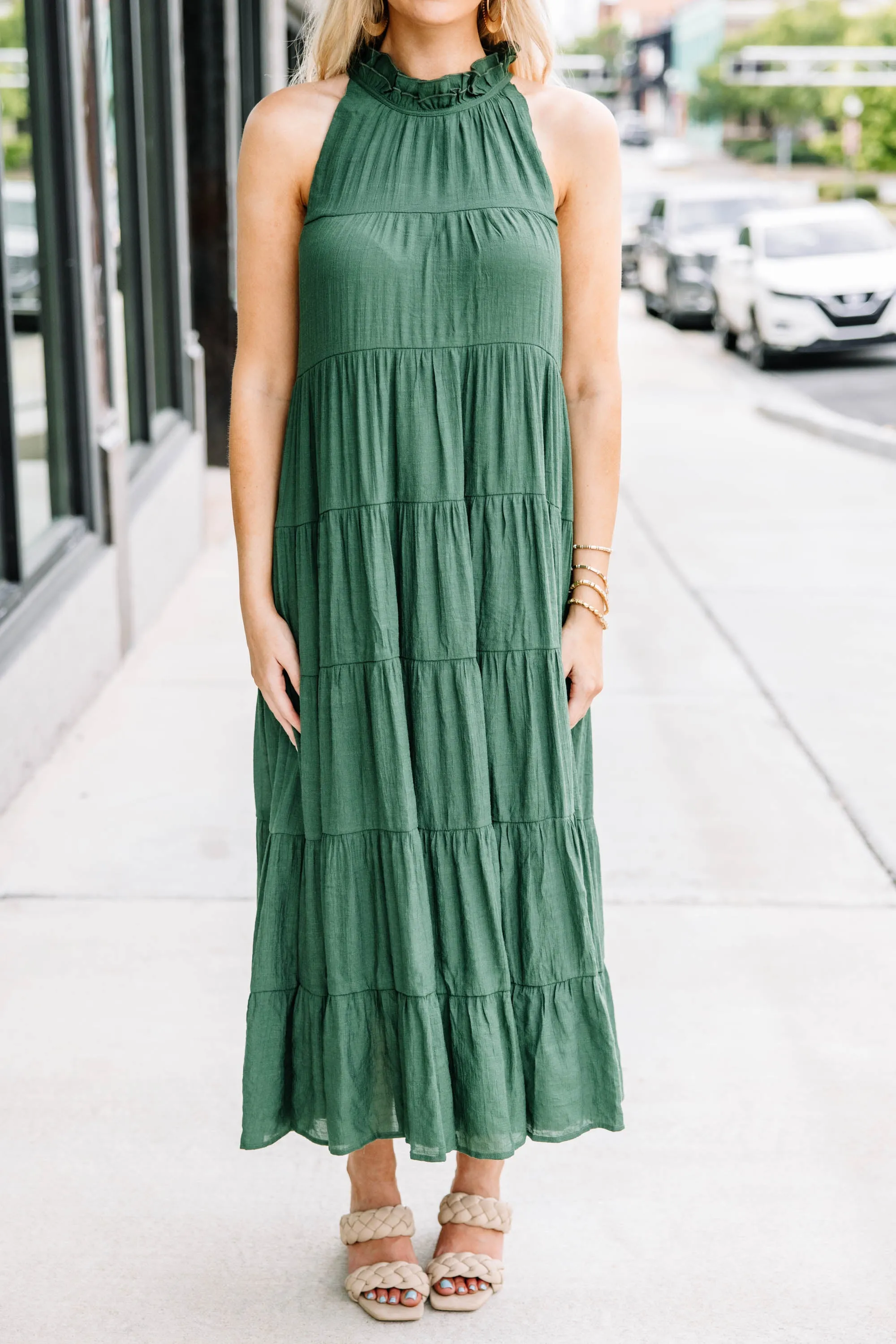 Come To Me Hunter Green Tiered Midi Dress