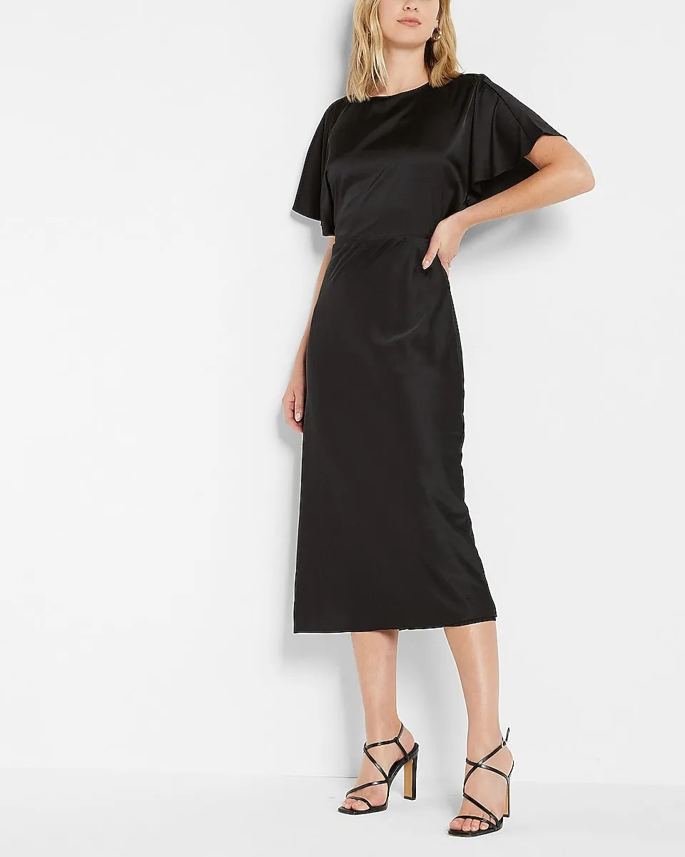 Conscious Edit Satin Crew Neck Open Back Midi Dress in Pitch Black