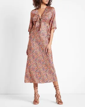 Conscious Edit Satin Printed Tie Front Midi Dress in Multi