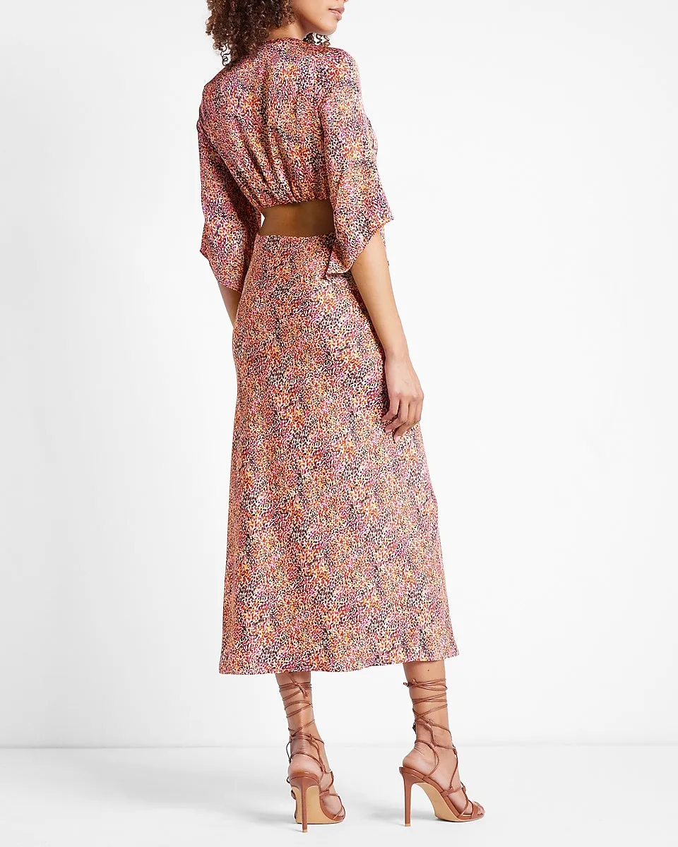 Conscious Edit Satin Printed Tie Front Midi Dress in Multi