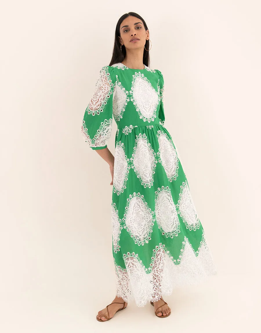 Constance Broderie Anglaise Midi Dress - Green