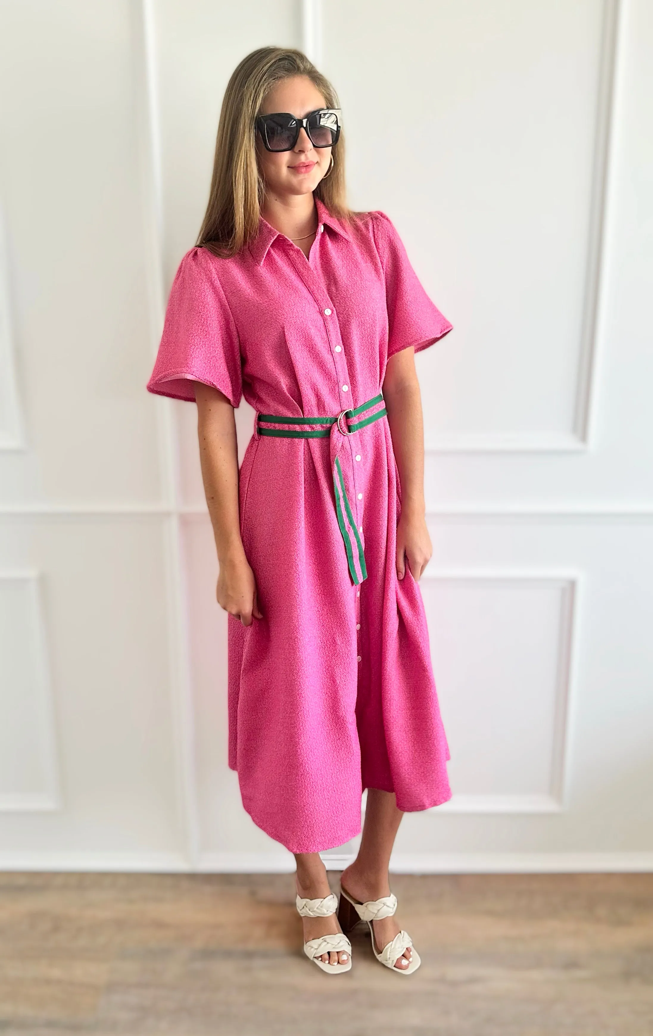 Contrast Belted Botton Down Dress