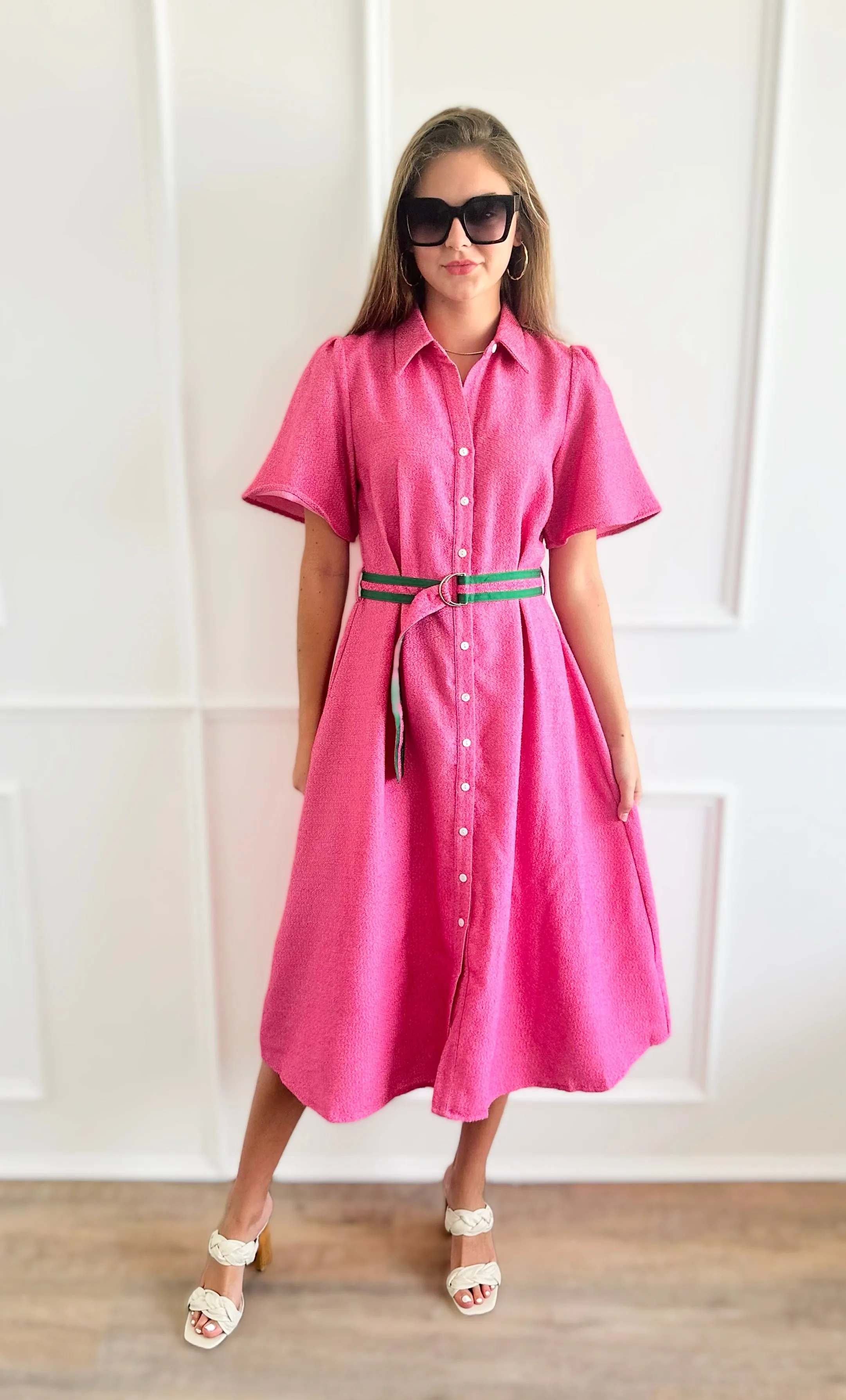 Contrast Belted Botton Down Dress