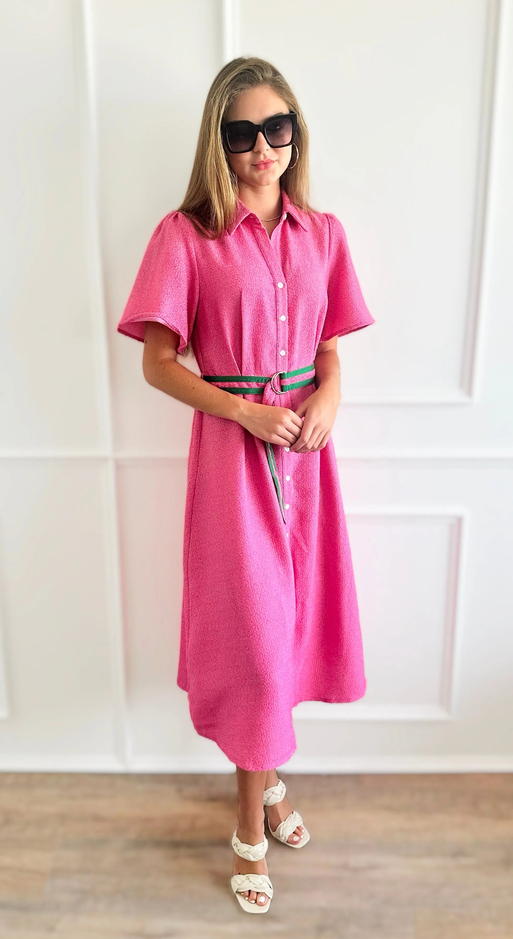 Contrast Belted Botton Down Dress